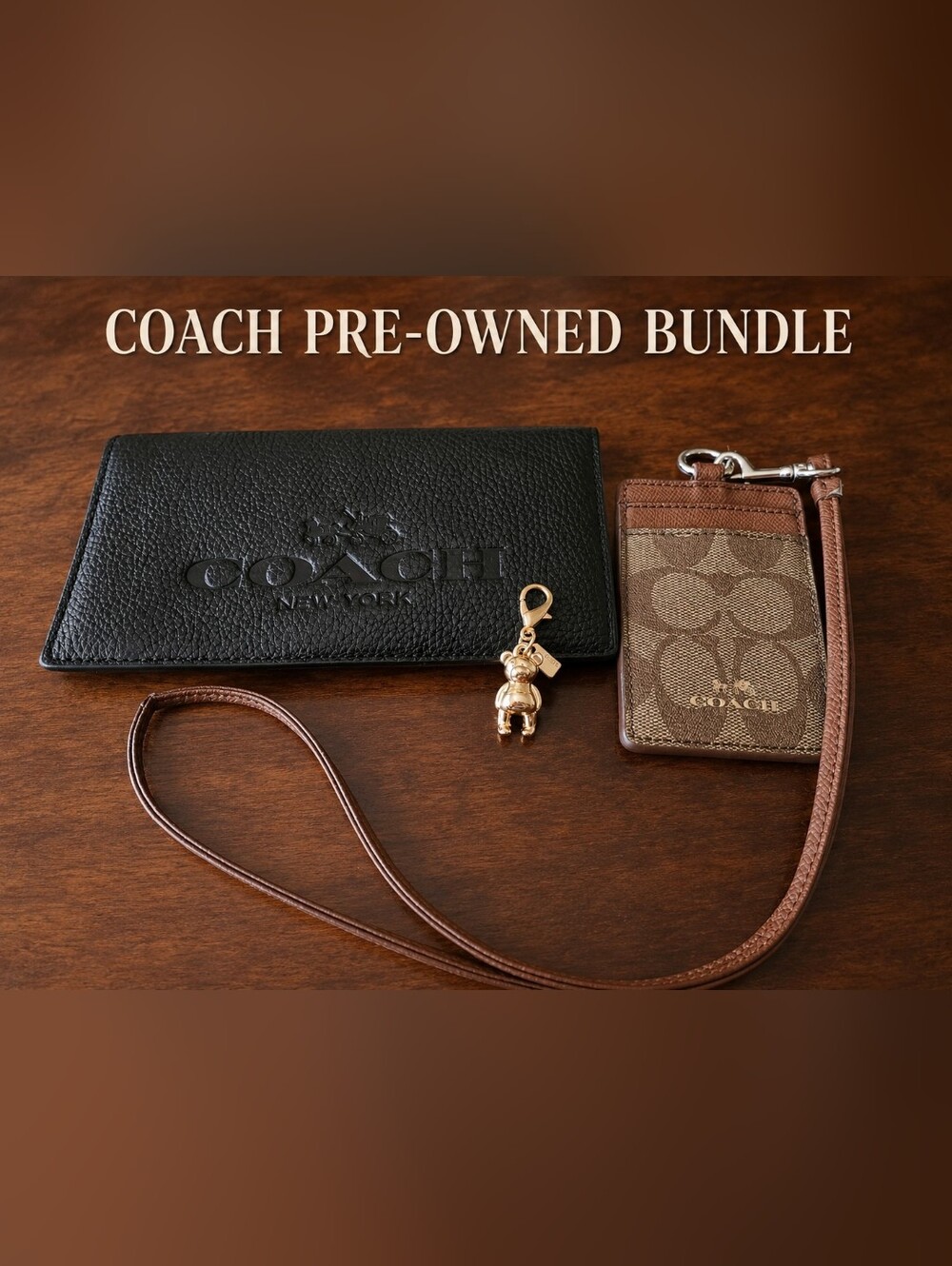 ✨Coach Pre-Owned Bundle | Leather Wallet, Signature ID Lanyard & Gold Bear Charm